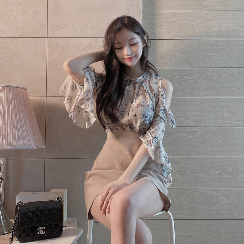 Summer Off-Shoulder Pullover Floral Loose Blouse Women Short Sleeve OL Chiffon Shirt Women Blusas Mujer De Moda 9930 220407