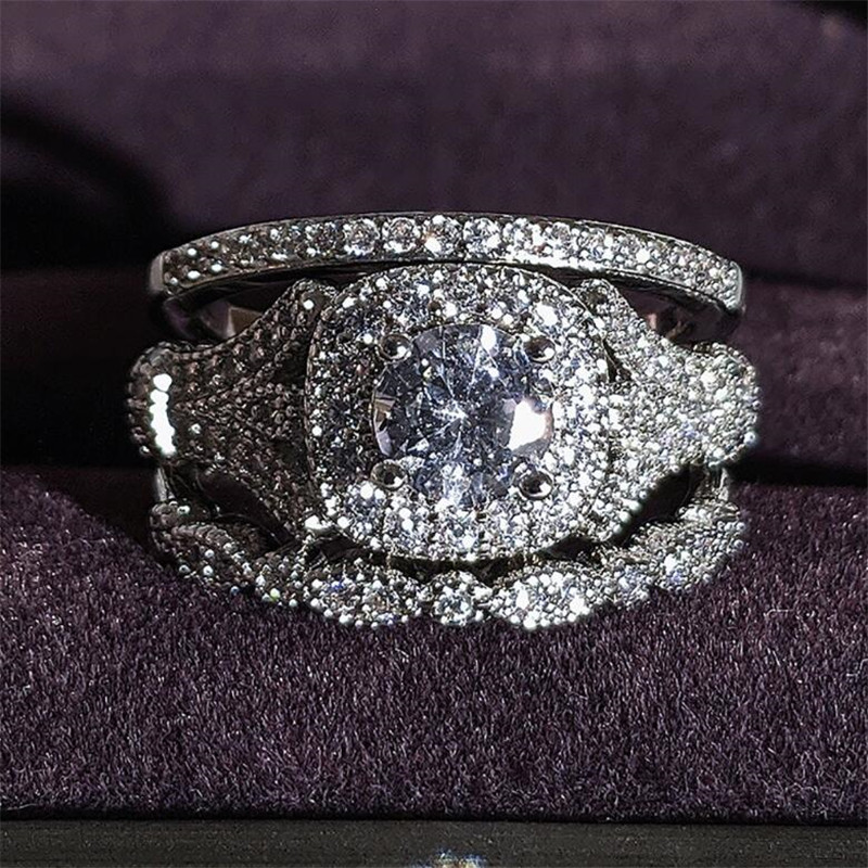 Size 5-10 Top Sell Wedding Rings Vintage Jewelry 925 Sterling Silver Round Cut White Topaz CZ Promise Diamond Gemstones Party 3PCS Women Engagement Ba