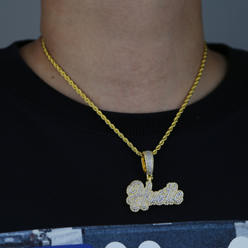 Fashion Men Women Hip Hop Hustle Letter Pendant Necklace Iced Out Bling 5A CZ Cubic Zirconia Necklace Punk Rapper Jewelry
