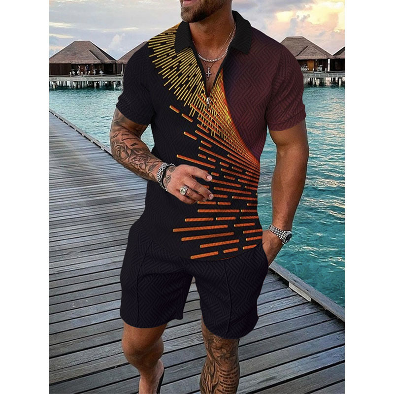 Men s Suit 3D Color Stitching Print Summer Short Sleeve Polo Shirt Shorts Fashion Zipper Two Piece Set 220707