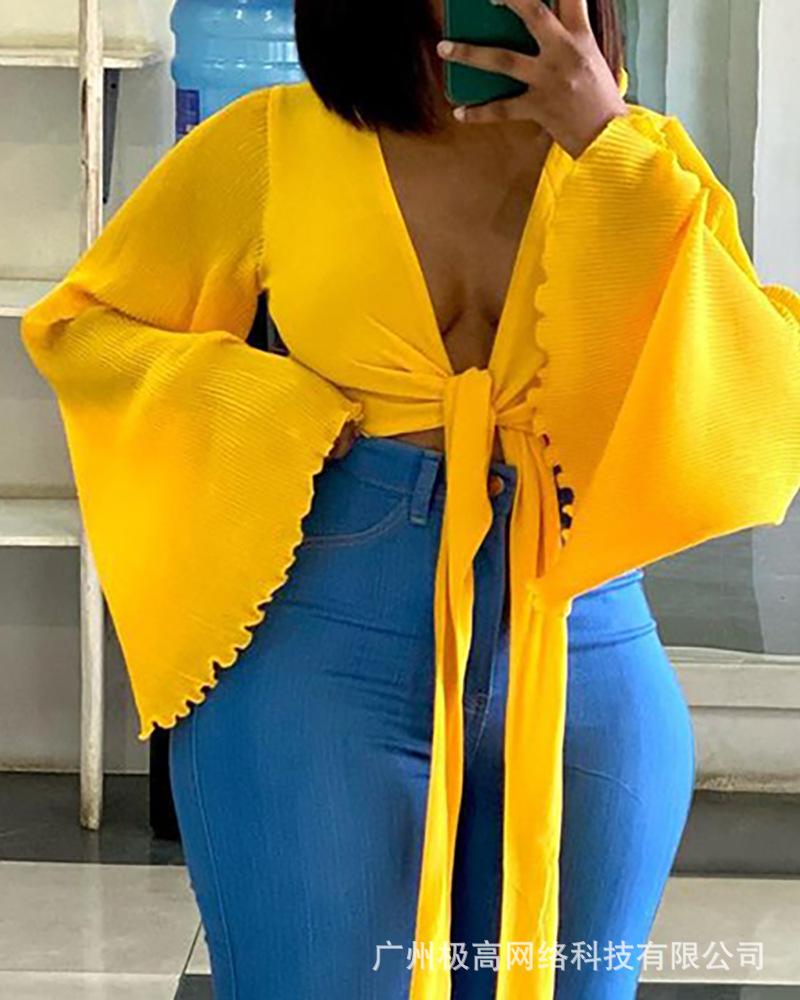 Women' T-Shirt Frill Hem Bell Sleeve Knotted Front Crop Top Women Loose Bow V Neck Yellow Fashion Casual Sexy Summer Spring TopsWomen
Women' T-Shirt Frill Hem Bell Sleeve Knotted Front Crop Top Women Loose Bow V Neck Yellow Fashion Casual Sexy Summer Spring TopsWomen
