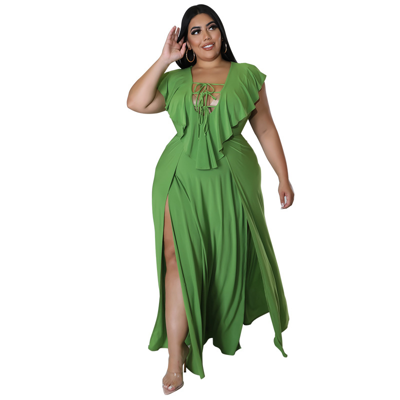 Women Sexy Plus Size Dresses A-Line Ruffle Halter Neck Split Beach Party Maxi Casual Dress Summer