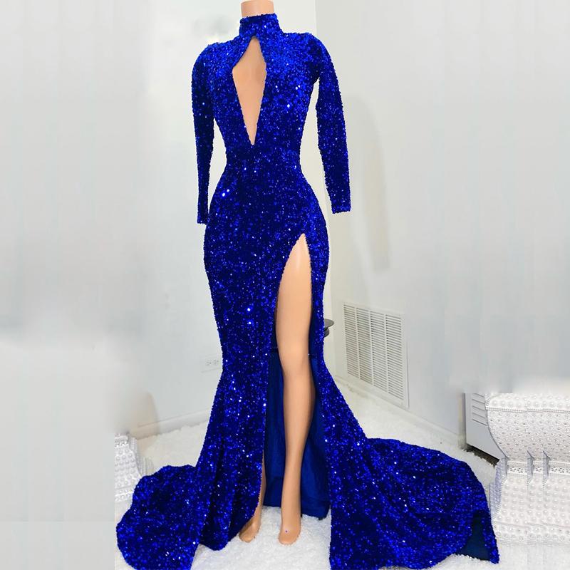 Sparkly Royal Blue Sequins Prom Dresses With Long Sleeves Sexy Front Split High Neck Formal Evening Ocn Gowns Robe De Soiree 322