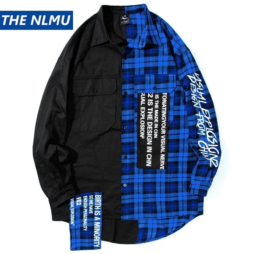 Plaid Shirts Men Hip Hop Patchwork Long Sleeve Shirt Men Women Punk Style Creative Letter Printed Shirt Tops Streetwear WJ188 T200410