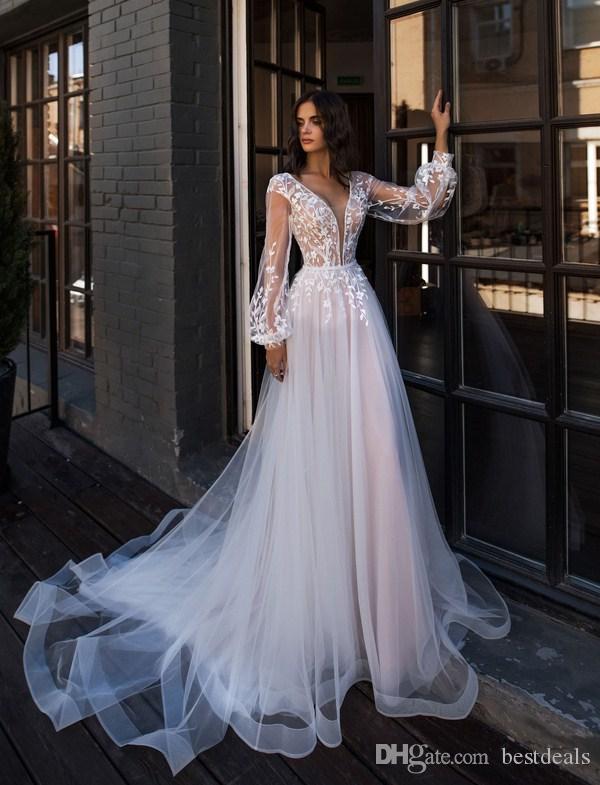 Sheath Wedding Dresses Sequins Long Sleeve Tulle Lace Sexy V Neck Floor Length Plus Size Custom Made Simple And Stylish