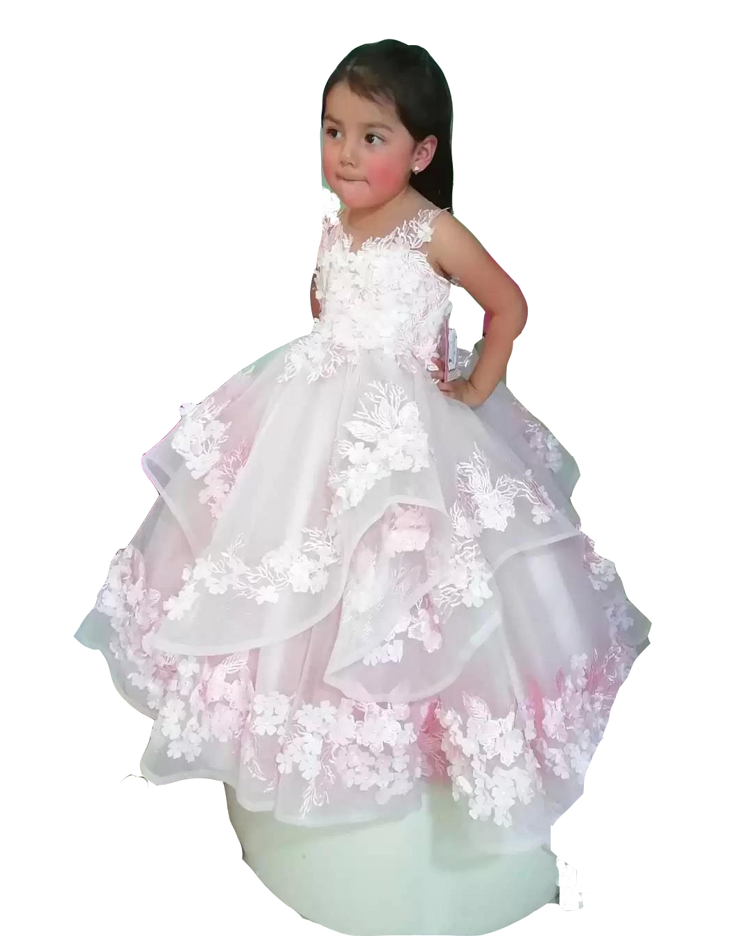 2022 Pink Cute Girls Pageant Dresses Jewel Neck Sleeveless Lace Appliques 3D Floral Ball Gown Ruffles Tiered Tulle Long Flower Girl First Communion Go