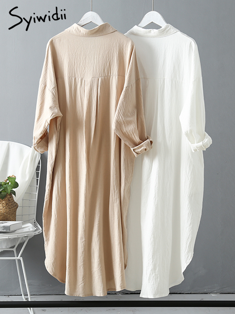Syiwidii White Shirt Dress for Women Linen Cotton Clothing Spring Summer Casual Vintage Oversized Pure Long Midi Dresses 220414