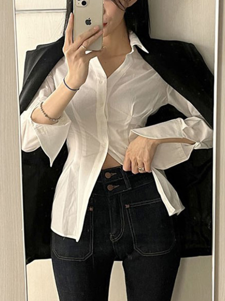 Rapcopter Y2K Button Crop Top Ruched Full Sleeve T Shirt Turn Down Collar Retro Elegant Cardigan Corset Tee Korean 220714