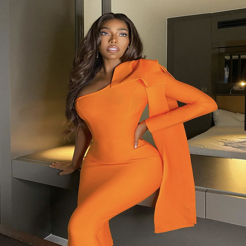 High Quality Blue Orange Runway Bownot One Shoulder Long Sleeve Rayon Bandage Dress Cocktail Party Bodycon Dress Vestidos 220406