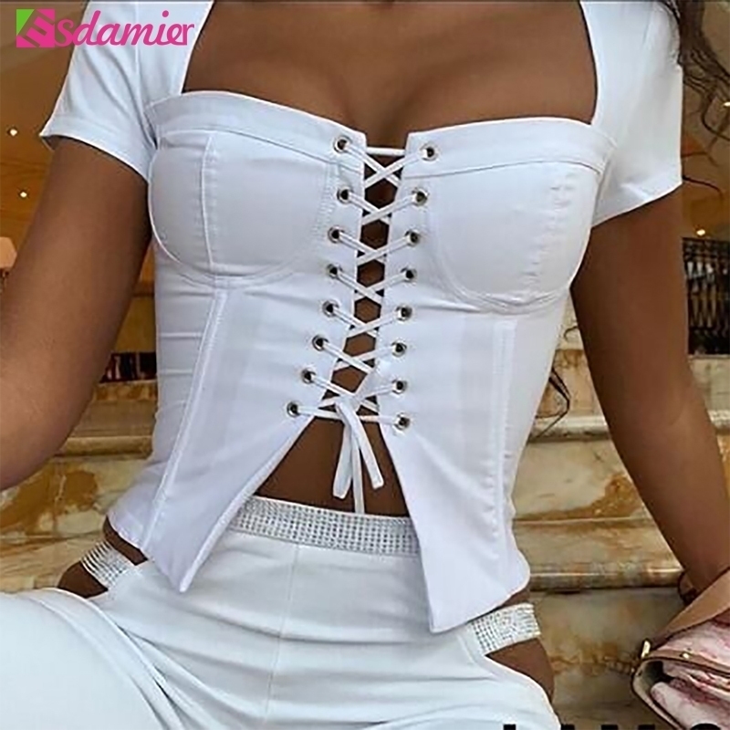 ESDAMIER Summer Sexy Women Bandage Crop Top Black White Lace Up Square Collar T Shirt Female Short Sleeve Basic Top Y200109, Red crop top
ESDAMIER Summer Sexy Women Bandage Crop Top Black White Lace Up Square Collar T Shirt Female Short Sleeve Basic Top Y200109, Red crop top