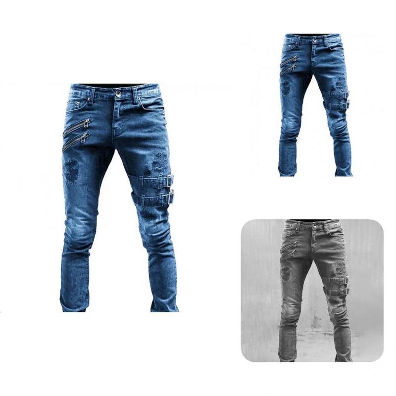 Plus Size Men Jeans Skinny Side Straps and Zips 3 Colors Trousers Excellent Stretch Men Jeans Trousers 220712