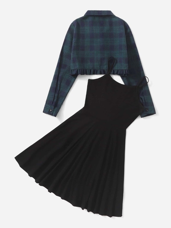 Girls Plaid Print Frill Hem Blouse & Cami Dress SHE