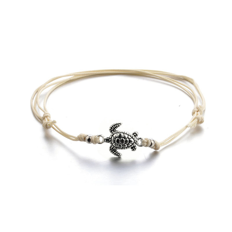 Adjustable Bohemian Ancient Silver Sea Turtle Anklet Bracelet Chain for Women Blue Black Wish Braided Rope Foot Chain Ankle Bracelets Summer Ocean Bea
