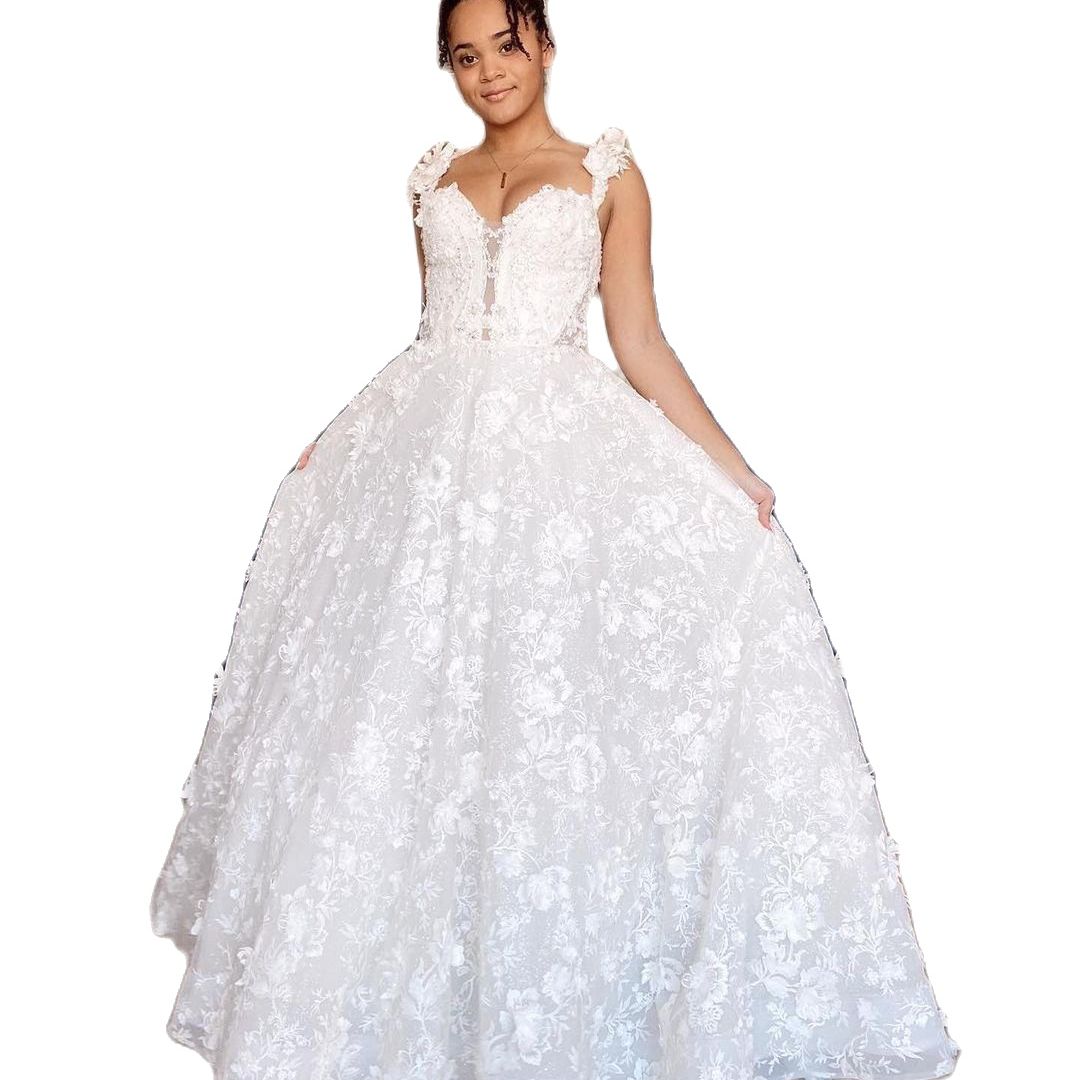 Flower Lace A Line Wedding Dress 3D Floral Appliques V Neck Sweep Train Bride Wedding Gowns Robe de mariée