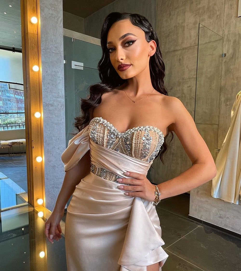 Nude Pink Prom Dresses Sequins One Shoulder Sleeveless Strapless Satin Sexy High Side Split Chic Party Gowns Sweep Floor Length Plus Size Custom Made 