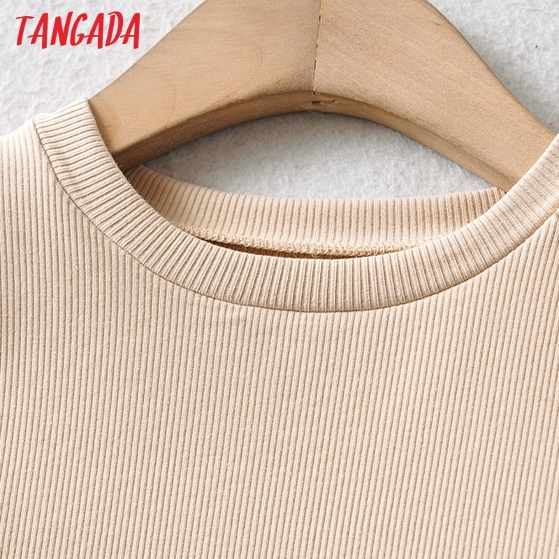 Tangada Women Basic Strethy Crop Cotton T Shirt Long Sleeve O Neck Tees Ladies Casual Tee Street Wear Top CH7 220321