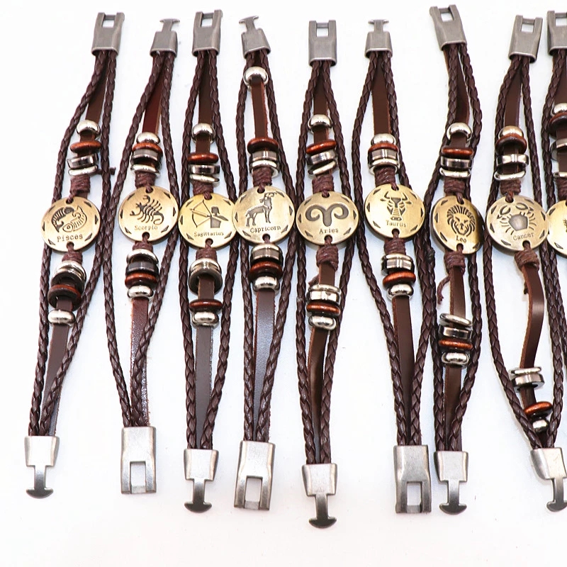 Wholesale 36Pcs/Lot Constellations Leather Bracelet Retro Brown MultiLayer Buckle Punk Woven Zodiac Bangle For Men Women
Wholesale 36Pcs/Lot Constellations Leather Bracelet Retro Brown MultiLayer Buckle Punk Woven Zodiac Bangle For Men Women