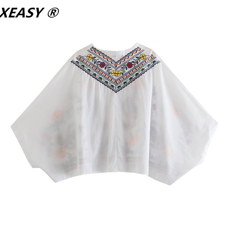 XEASY Women Fashion 2-Piece Set Vintage Flowers Batwing Sleeve Embroidered Shirt Female High Waist Mini Skirt Sweet Suits 220509