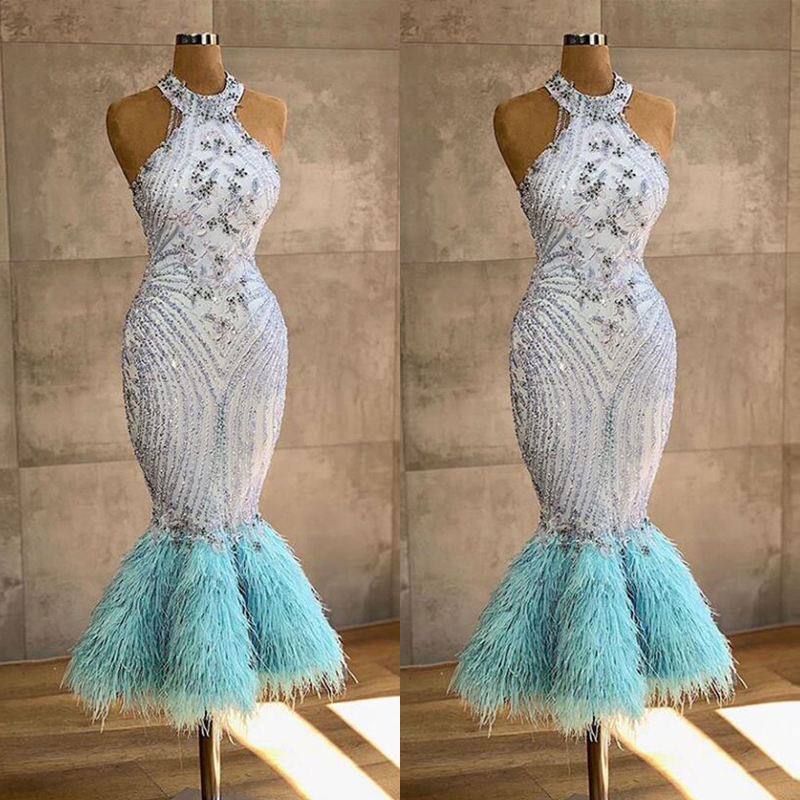 Luxury Crystal Mermaid Prom Dresses With Blue Feather Ankle Length Evening Gowns Custom Halter Party Dress