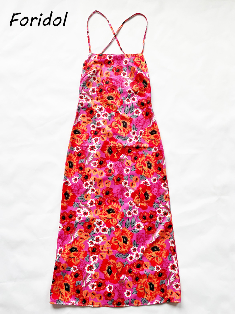 Foridol Backless Criss-cross Red Long Floral Dress Robe Female Sundress Sleeveless Boho Maxi Spaghetti Strap Lady Elegant Dress 220511