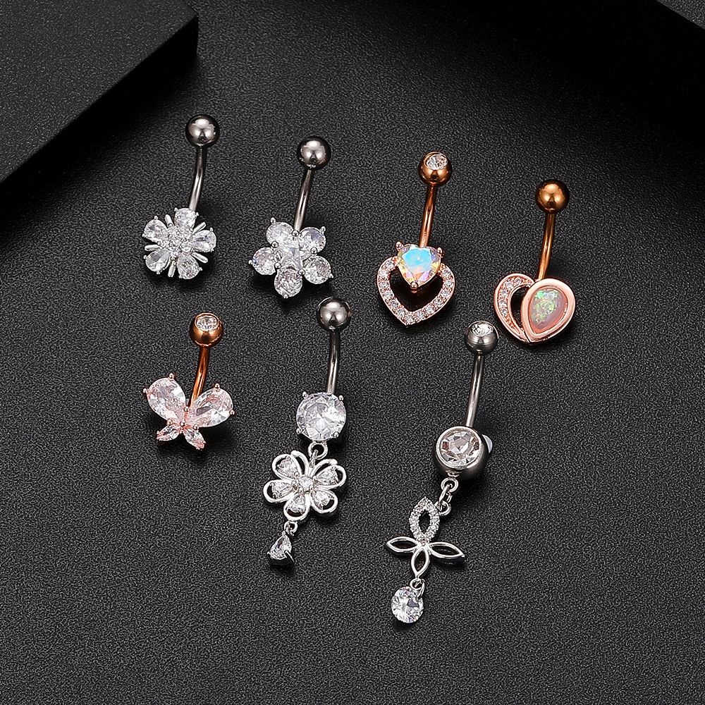 New Surgical Titanium Stainless Steel Belly Button Ring Diamond Flower Dangle Navel Barbell Stud for Women Rose Gold Cubic Zirconia Piercing Bar Bell 