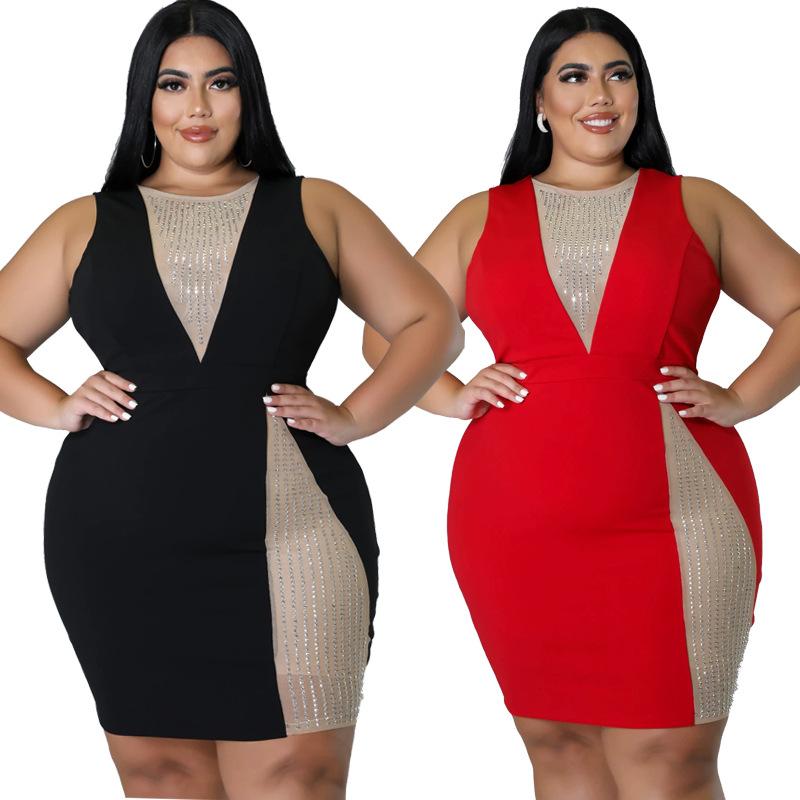 Plus Size Dresses Dress 5XL Fashion Hollow V-Neck Sexy Drill Sleeveless For Women Wholesale DropPlus, Black