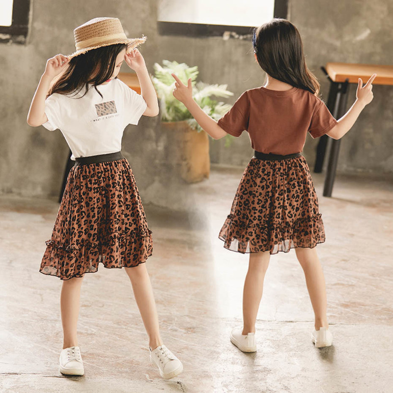 Summer Clothes For Girls Leopard Print Children's Tshirt + Skirt Teenage Costume 220507