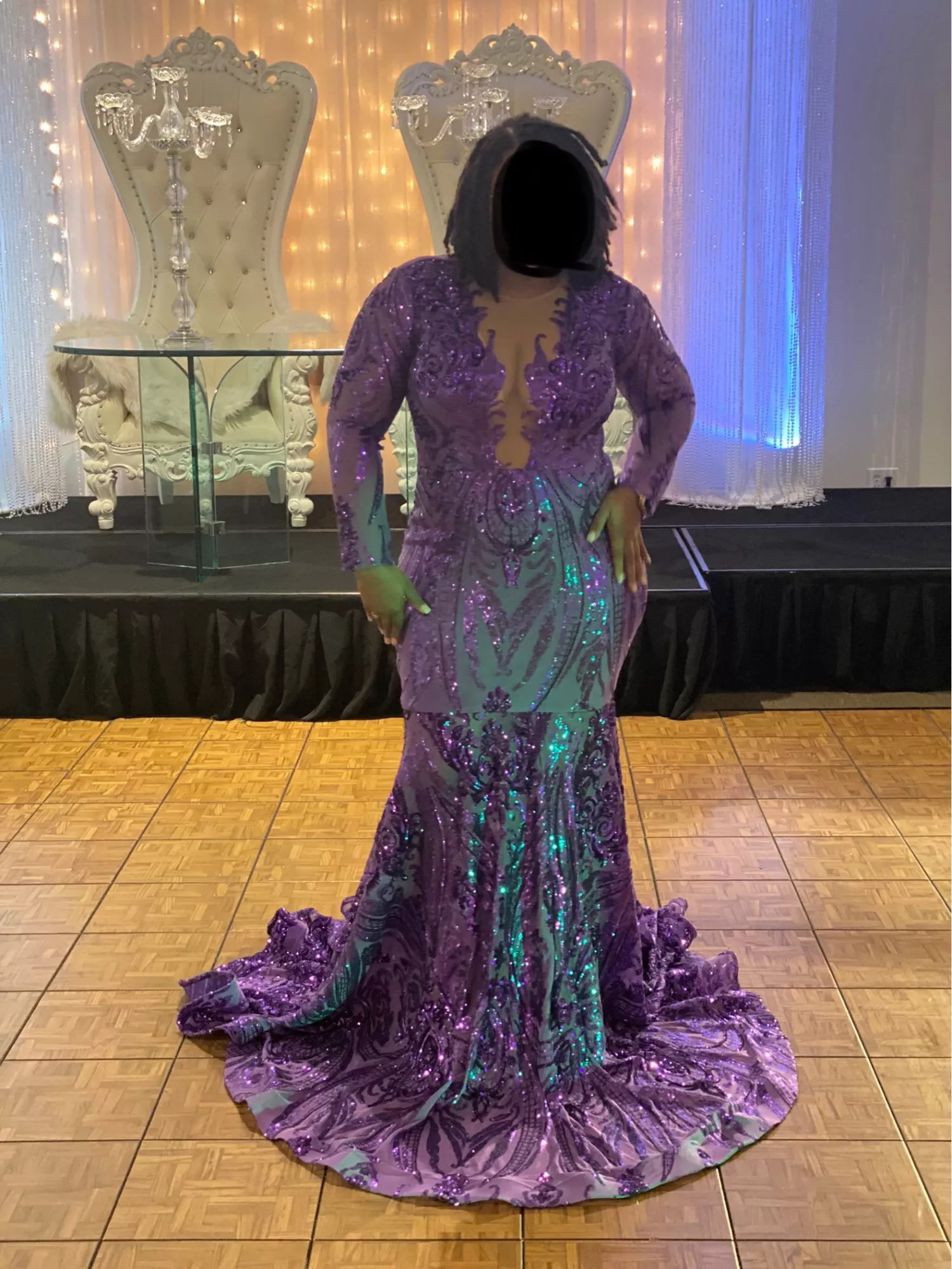 Plus Size Purple Sequin Evening Dress With Long Sleeve Large Mermaid Black Girls Prom Dresses For Women Night Formal Wear Party Women Special Robes De
