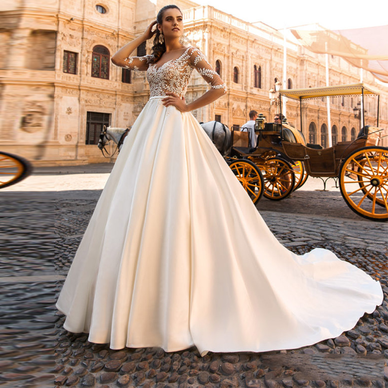 Stylish Ball Gown Wedding Dress V Neck Appliques Sequins White Gown Dress Satin Crystal Bow Formal Dresses Plus Size High Waist