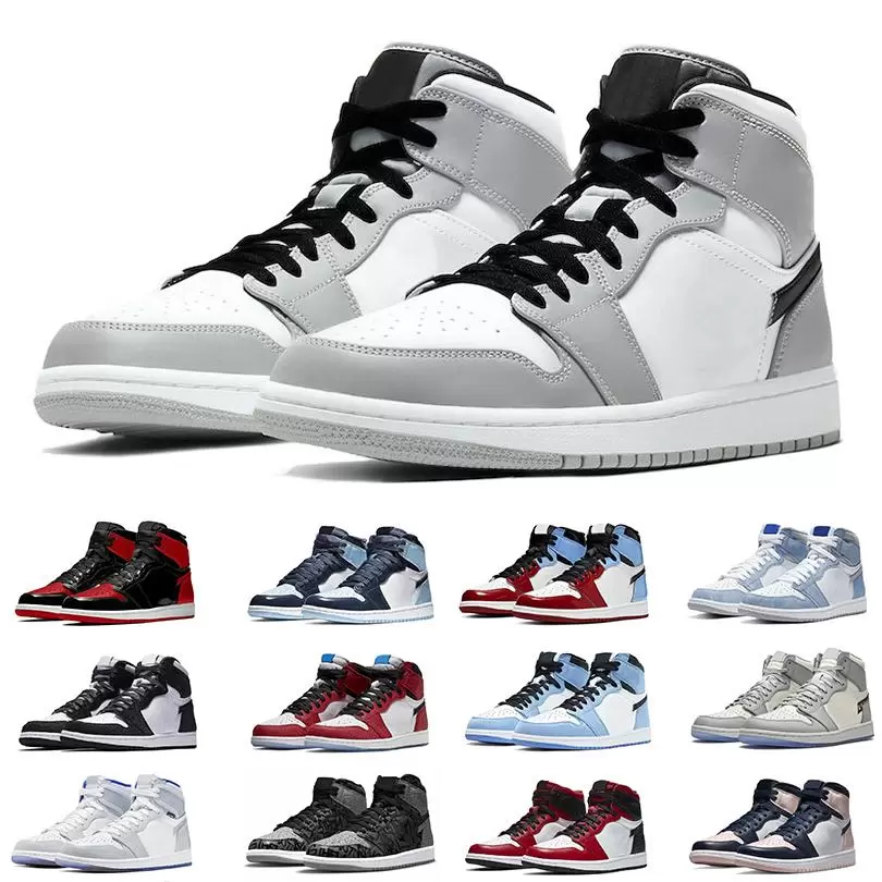 Jumpman 1s Light Smoke Grey Mens Basketball Shoes Patent University Blue Bubble Gum Fearless Rebellionaire Satin Snake Red Crimson Tint men women Sport sneakers, Item#21
Jumpman 1s Light Smoke Grey Mens Basketball Shoes Patent University Blue Bubble Gum Fearless Rebellionaire Satin Snake Red Crimson Tint men women Sport sneakers, Item#21