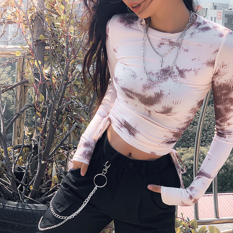 Tie Dye Print Ribbed Women T Shirt Crop Top Bandage Long Sleeve Sexy Streetwear Summer Clothes Drawstring 220714