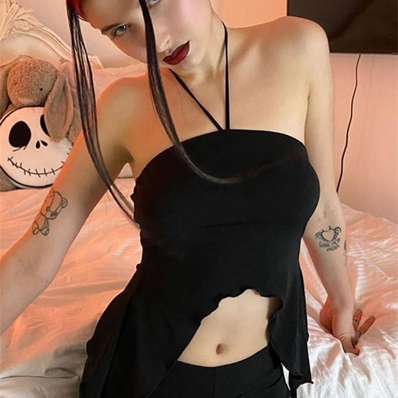 Sexy Crop Tops Black Tanks Strapless Vest Irregular Summer Y2K Women Club Outfits Halter Cami Backless Off Shoulder 220316