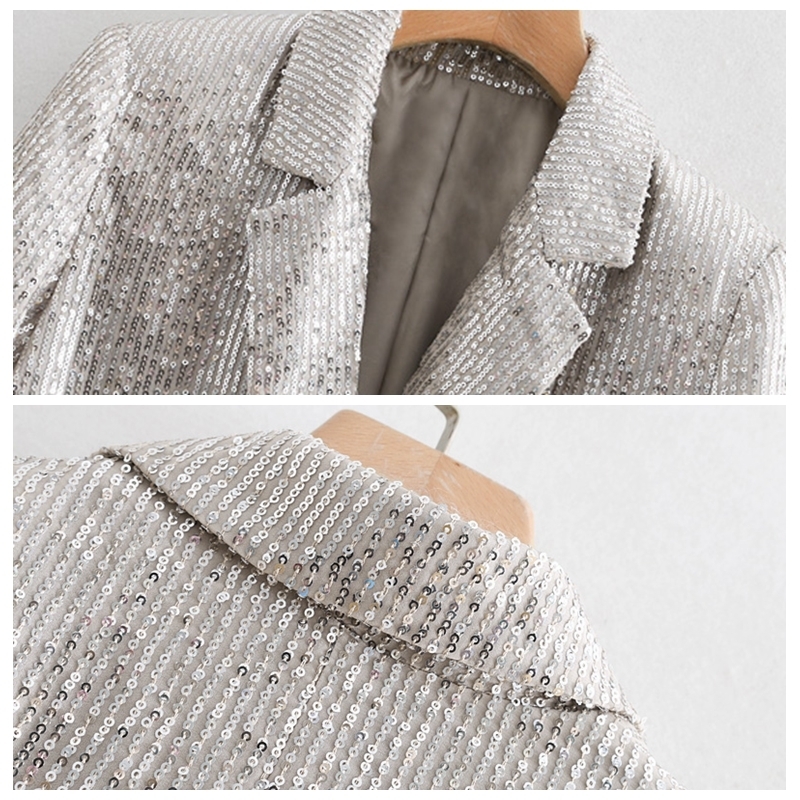 Women Geometric Pattern Sequined Blazer Feminino Shining Pockets Long Sleeve Outerwear Vintage Female Casual Tops 220402