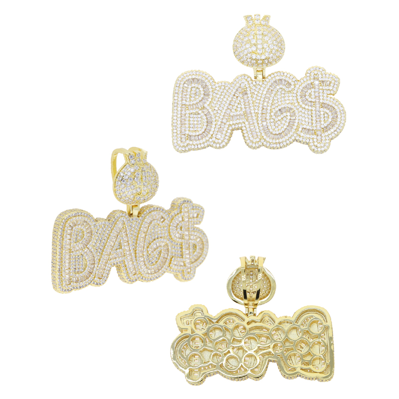 Iced out money bag pendant paved full cz stone hip hop cuban chain necklace plated gold silver for women men high quality jewelry wholesale