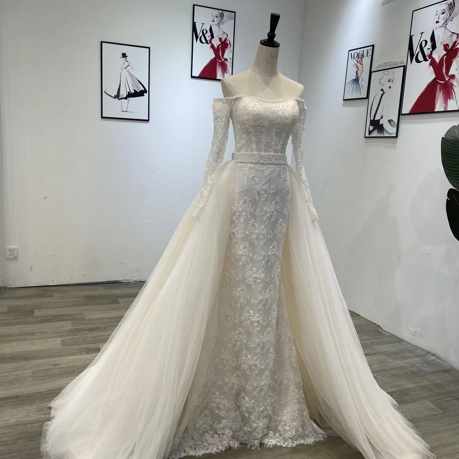 Bateau Elegant Mermaid Wedding Dresses Long Sleeves Off Shoulder Backless Strapless or Length Appliques Detachable Train Custom Made Vestidos De Novia