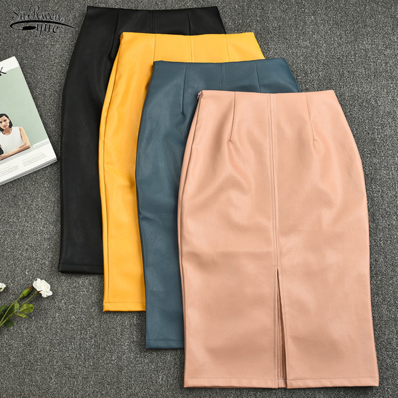 Winter Korean PU Leather Skirts Women High Waist Straight Midi Sexy Skirt Plus Size Solid Split 10091 220317