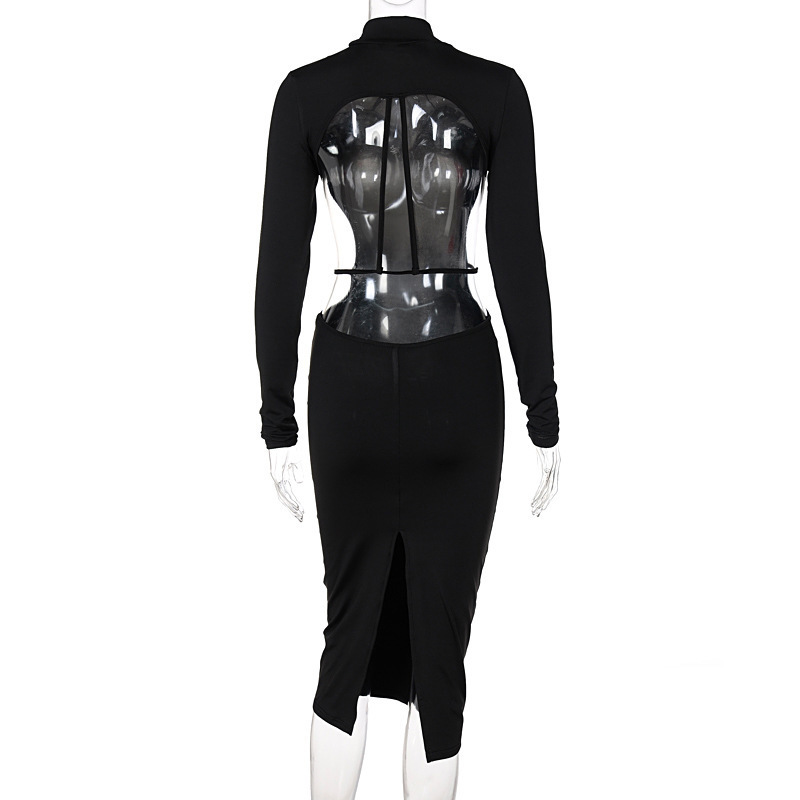 Elegant Backless Long Sleeve Slit Bodycon Dress for Women's Black Cut Out Sexy Party Evening Midi Dresses Autumn Woman Clothes 220406