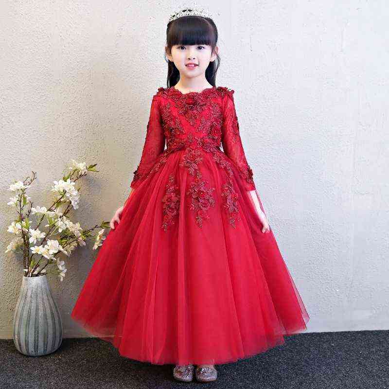 Elegant Pink Tulle Flower Girl Dress for Wedding Long Sleeve Appliques Kids Party Prom Dress First Communion Dresses Princess Y220510