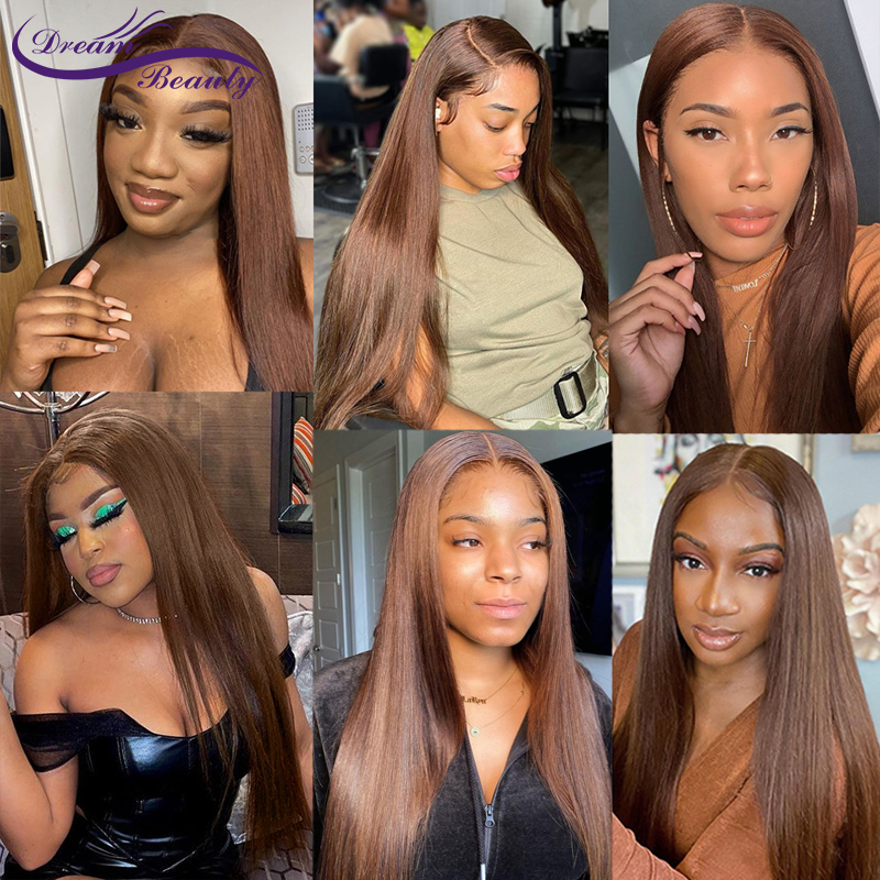 13x4 Brown Colored Straight Lace Front Wigs Brazilian 180% Synthetic Wigs Simulation Human Hair For Black Women PrePlucked