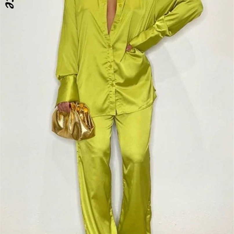 Womens Elegant Satin Trousers Female Long Sleeve Shirt And Wide Leg Straight Pants Sleepwear 2Piece Set Summer Outfits 220810