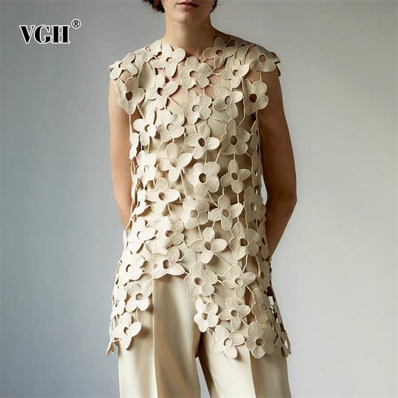 VGH Elegant Solid Embroidered Vests For Women O Neck Sleeveless Korean Straight Hollow Out Tank Tops Females Summer Fashion 220325