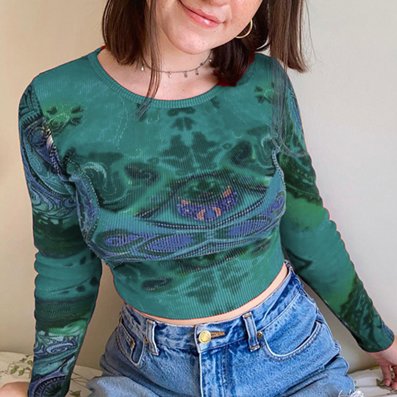 Rockmore Fairy Grunge Long Sleeve T-shirt Women Vintage Knitted Crop Top Tee Autumn Korean Tie Dye Print E Girl T Shirt 90s 220321