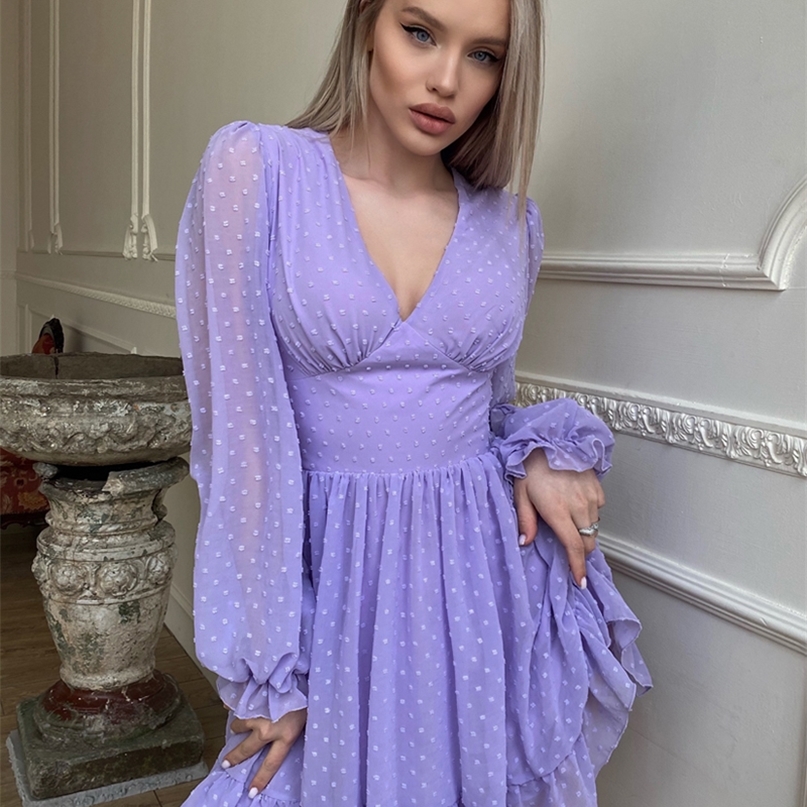 Capucines Swiss Dot Ruffles Deep V Neck Summer Dress Women Solid Color Lantern Sleeve French Robe A Line Mini Chiffon Dresses 220426