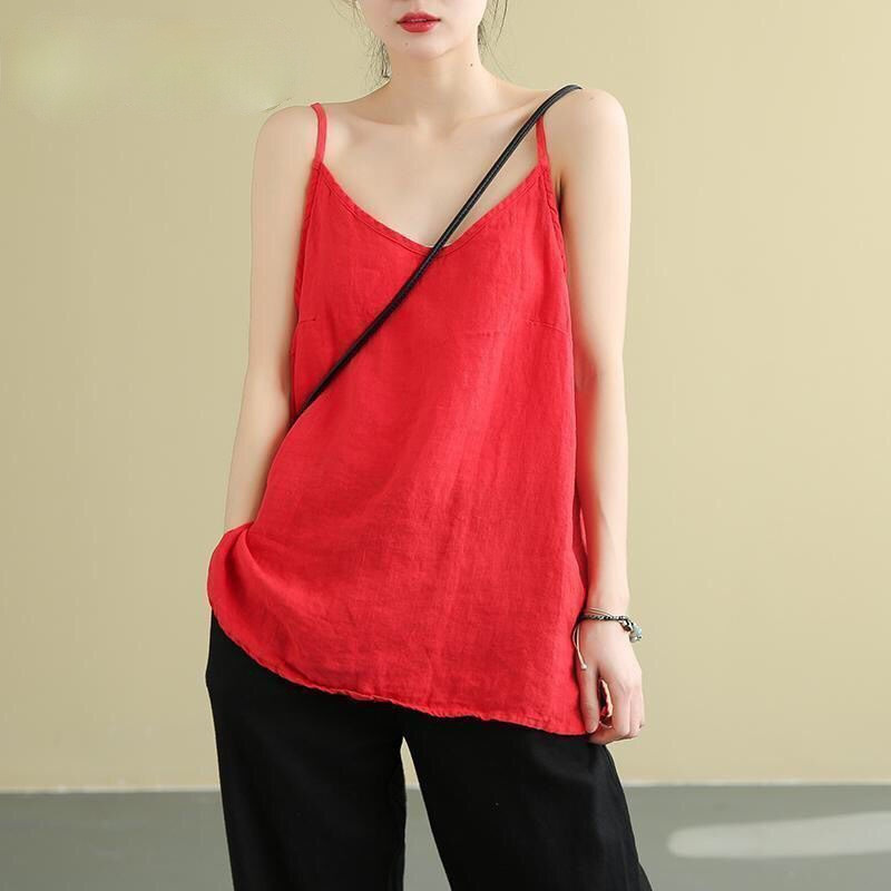 Women's Tops Spaghetti Strap Camis Cotton Linen V Neck Loose Tank Sleeveless Linens Casual Women Summer Camisole 220316