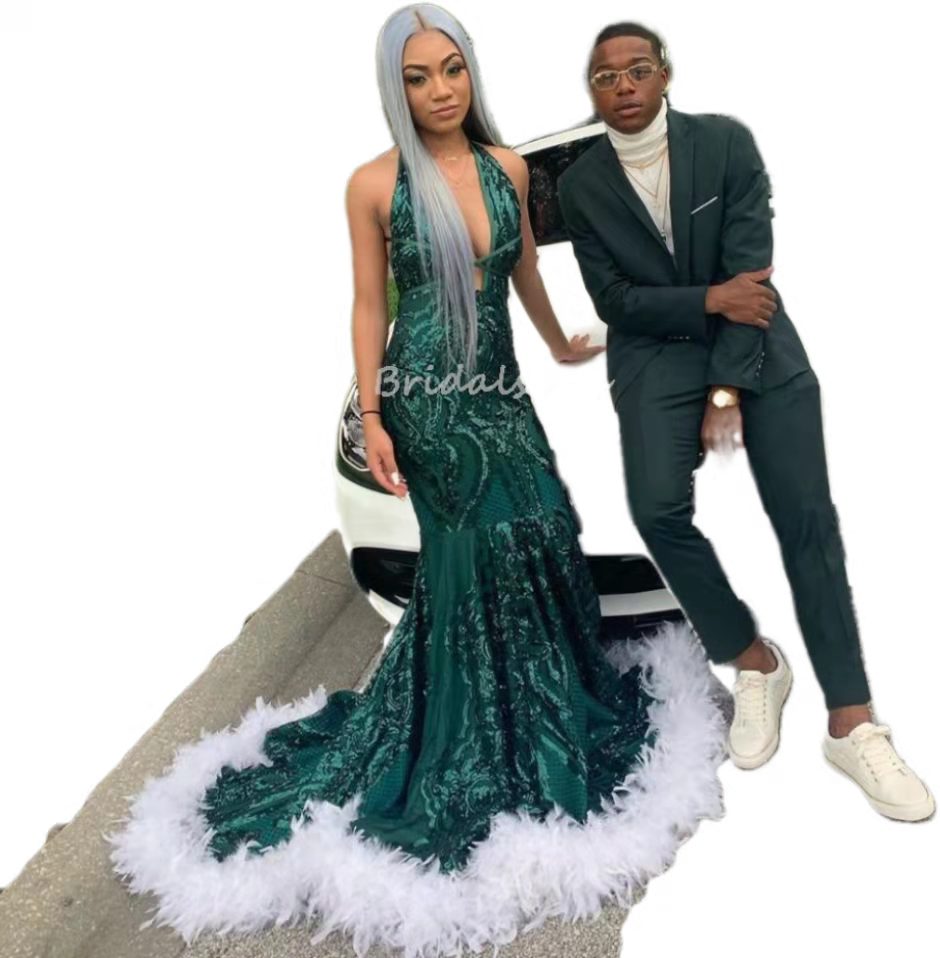 Emerald Green Sequin Mermaid Prom Dresses With Feather For Black Girls Luxury Aso Ebi African Evening Dress 2022 Halter Night Party Formal Gowns Robes