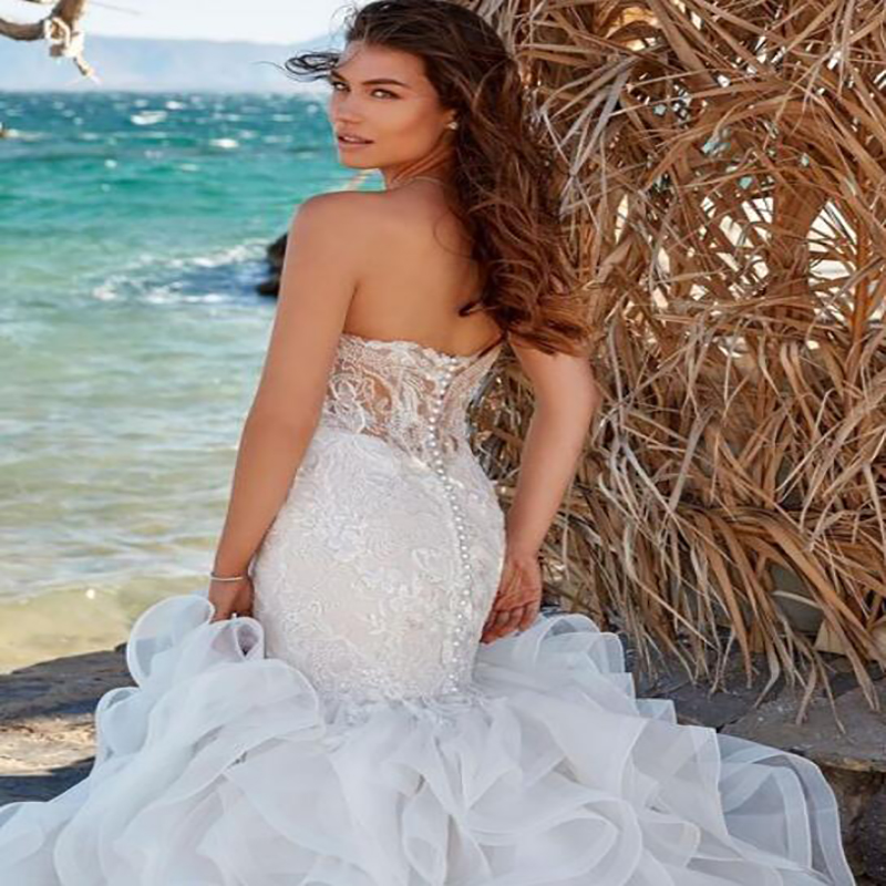 Luxury Mermaid Lace Wedding Dress With Ruffles Sweetheart Organza Plus Size Beach Wedding Dresses 2022 Pearls Sweep Train Women Country Bride Vestido 