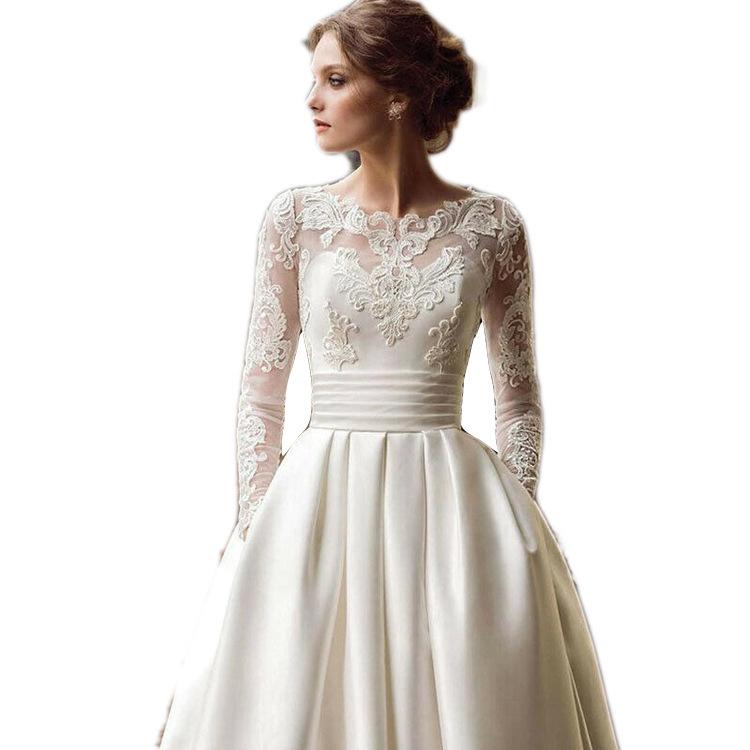 Elegant Wedding Dress With Jewel Long Sleeve Applique Floor Length Satin Party Dress Formal Occasion Custom Made Vestidos De Novia