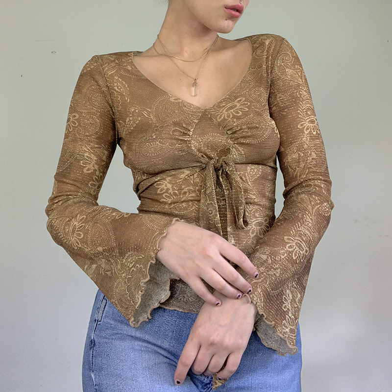 Darlingaga V Neck Floral Printed Bow Mesh T shirt Women Tops Flare Sleeve Retro Grunge Fairycore Lace Up Aesthetic Pullovers 220714
