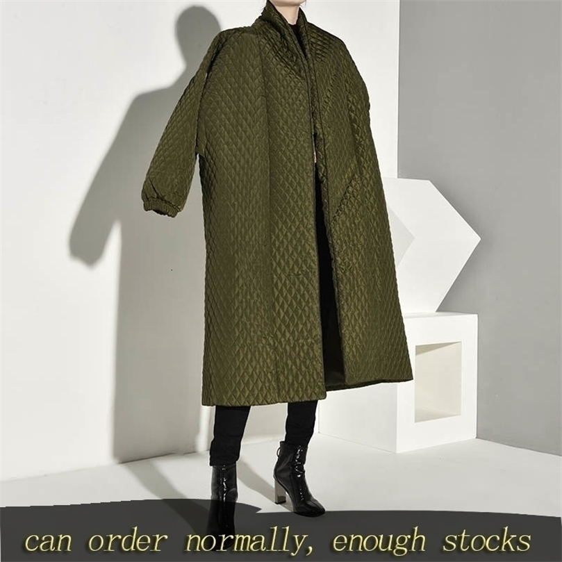 LANMREM PLaided Cotton-padded Green Color Coat Long Sleeve Loose Fit Women Parkas Fashion Autumn Winter 201127