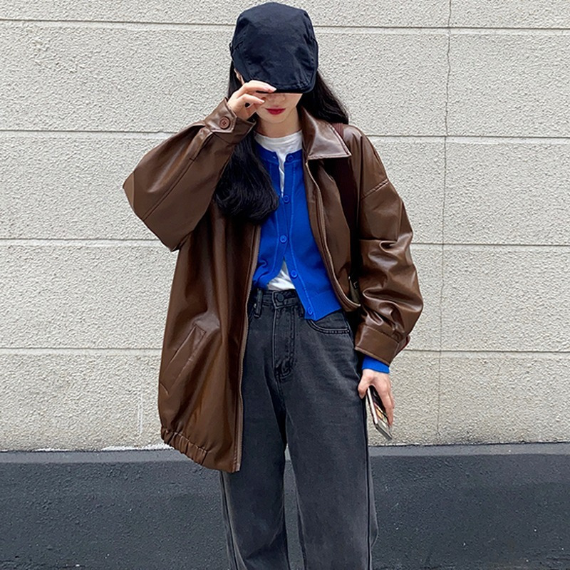Korean Black Leather Jacket Women Winter Long Women s Moto Biker Zipper Streetwear Harajuku Y2K Loose Coat 220810